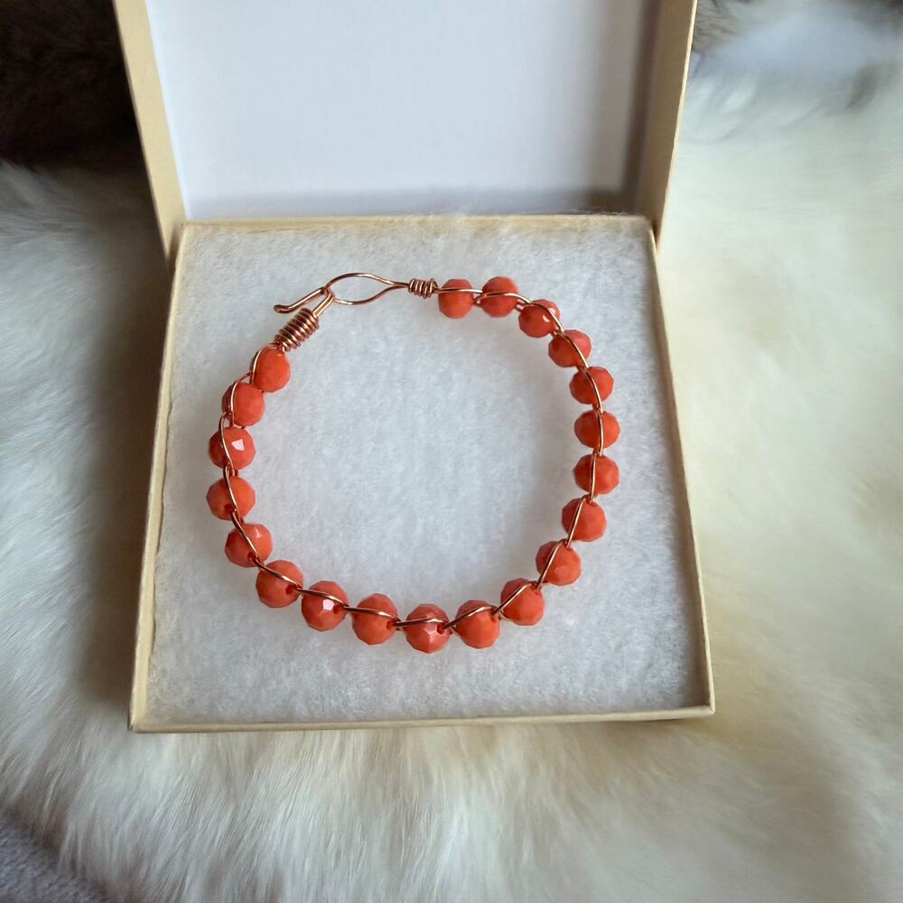 Orange glass copper braded bracelet handmade